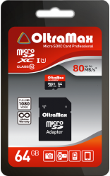 Фото флеш-карты OltraMax MicroSDXC 64GB Class 10 UHS-1 80 Мб/с + SD adapter