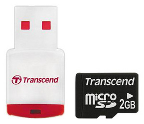 Фото флеш-карты Transcend MicroSD 2GB TS2GUSD-P3 + USB Reader