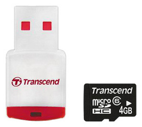 Фото флеш-карты Transcend MicroSDHC 4GB Class 6 + USB Reader